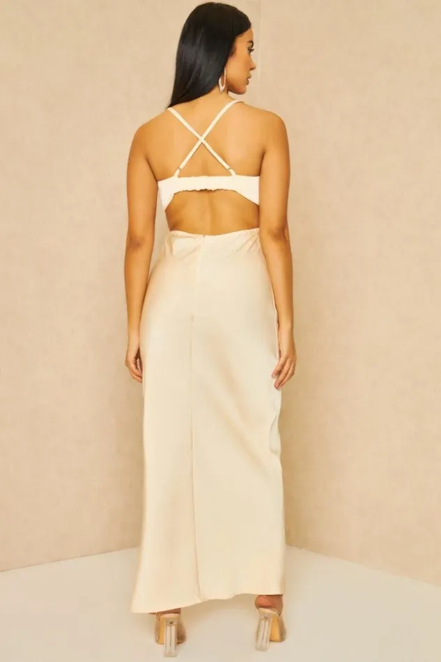 Women Cut Out Satin Cami Midi Dress In Beige Beige Brentiny Paris Satin Dresses