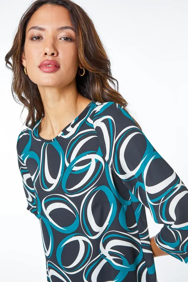 Women Dark Green Abstract Circle Print Longline Top Roman Tops