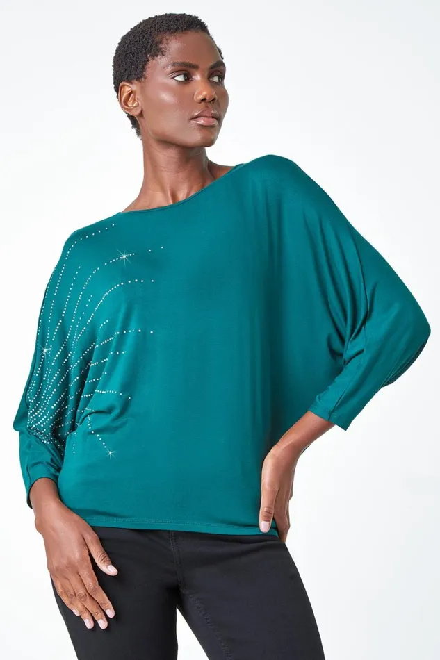 Women Dark Green Diamante Embellished Relaxed Stretch Top Roman Tops