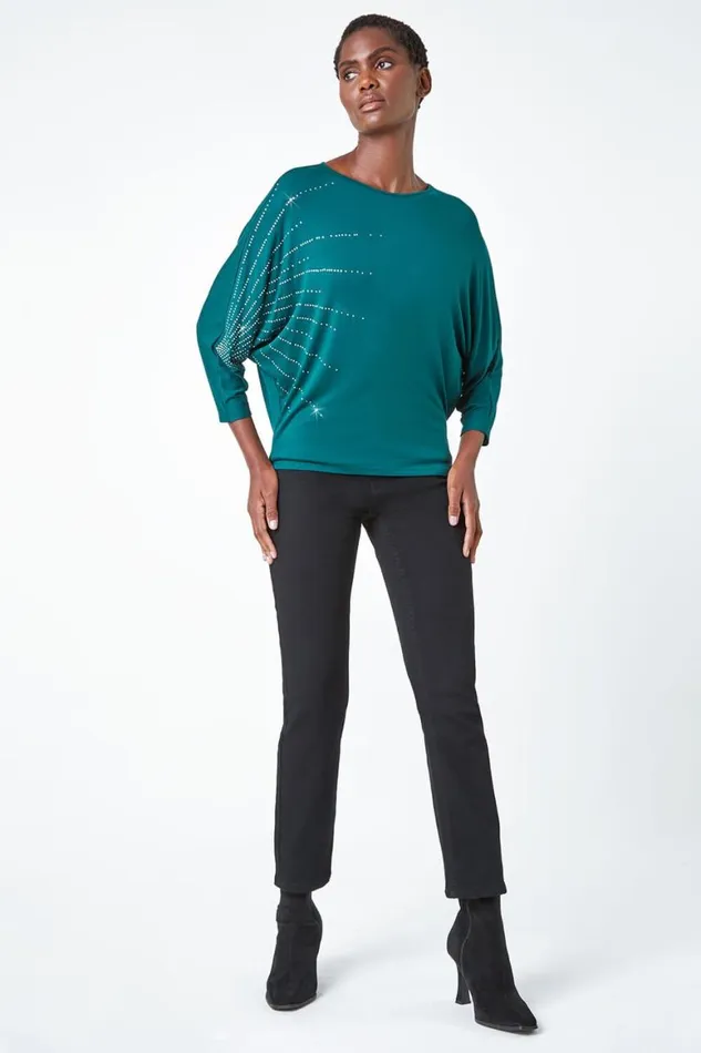 Women Dark Green Diamante Embellished Relaxed Stretch Top Roman Tops