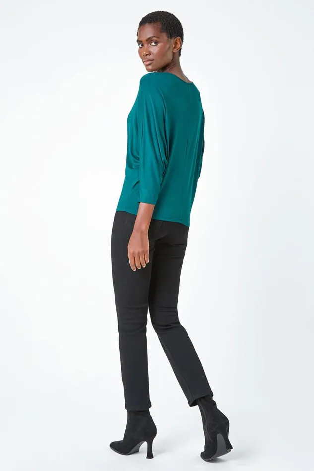 Women Dark Green Diamante Embellished Relaxed Stretch Top Roman Tops