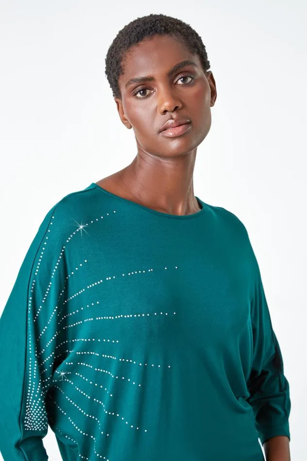 Women Dark Green Diamante Embellished Relaxed Stretch Top Roman Tops