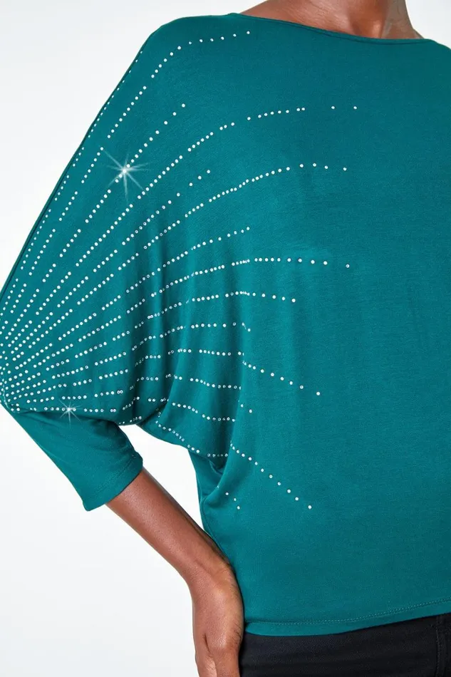 Women Dark Green Diamante Embellished Relaxed Stretch Top Roman Tops