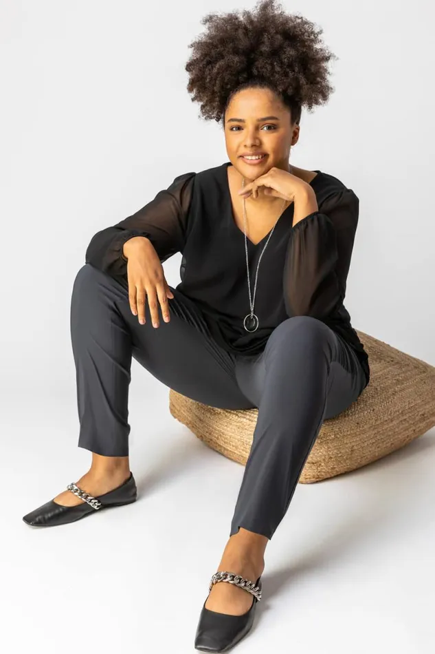 Women Dark Grey Curve Full Length Stretch Trousers Roman Trousers
