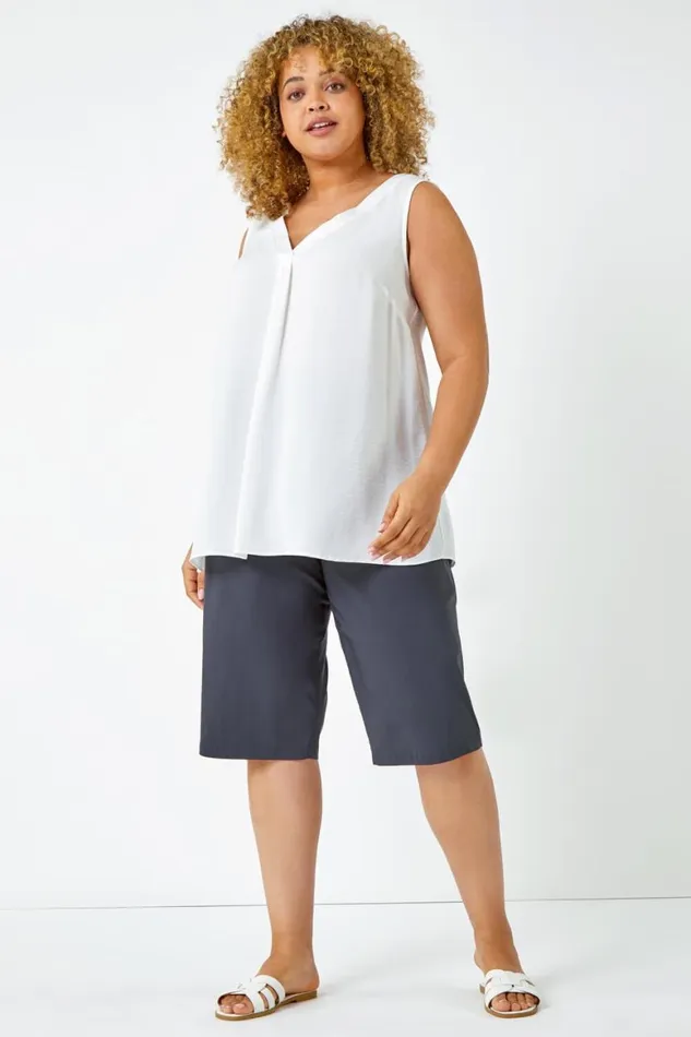 Women Dark Grey Curve Knee Length Elastic Waist Stretch Shorts Roman Trousers