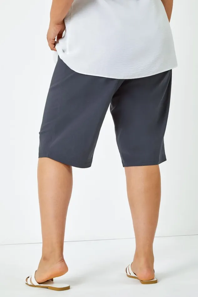 Women Dark Grey Curve Knee Length Elastic Waist Stretch Shorts Roman Trousers