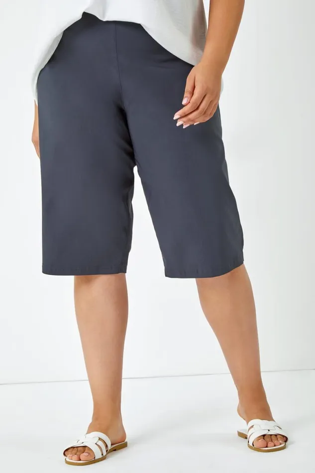 Women Dark Grey Curve Knee Length Elastic Waist Stretch Shorts Roman Trousers