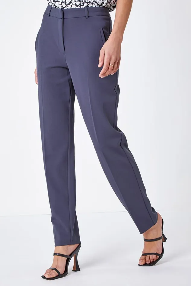 Women Dark Grey Long Straight Leg Stretch Trouser Roman Trousers