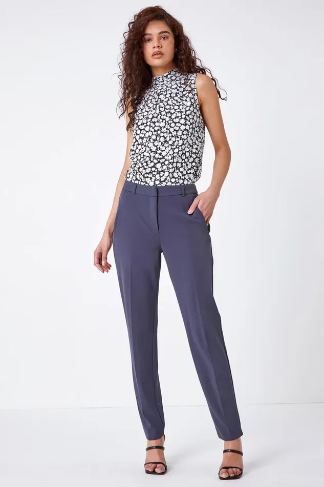 Women Dark Grey Long Straight Leg Stretch Trouser Roman Trousers