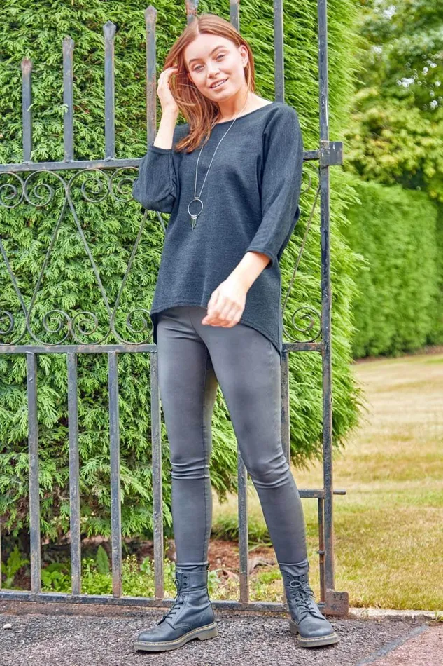 Women DarkGrey Necklace Detail Batwing Slouch Lounge Top Roman Tops