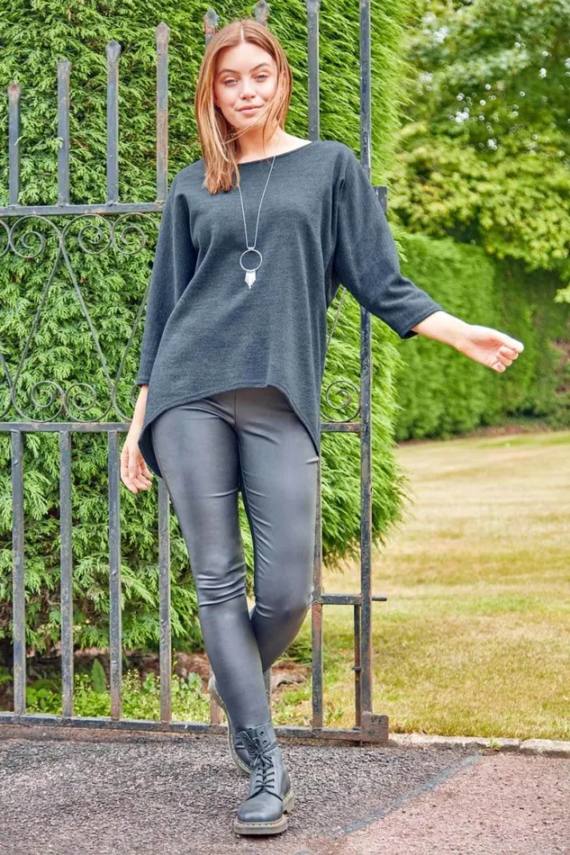 Women DarkGrey Necklace Detail Batwing Slouch Lounge Top Roman Tops