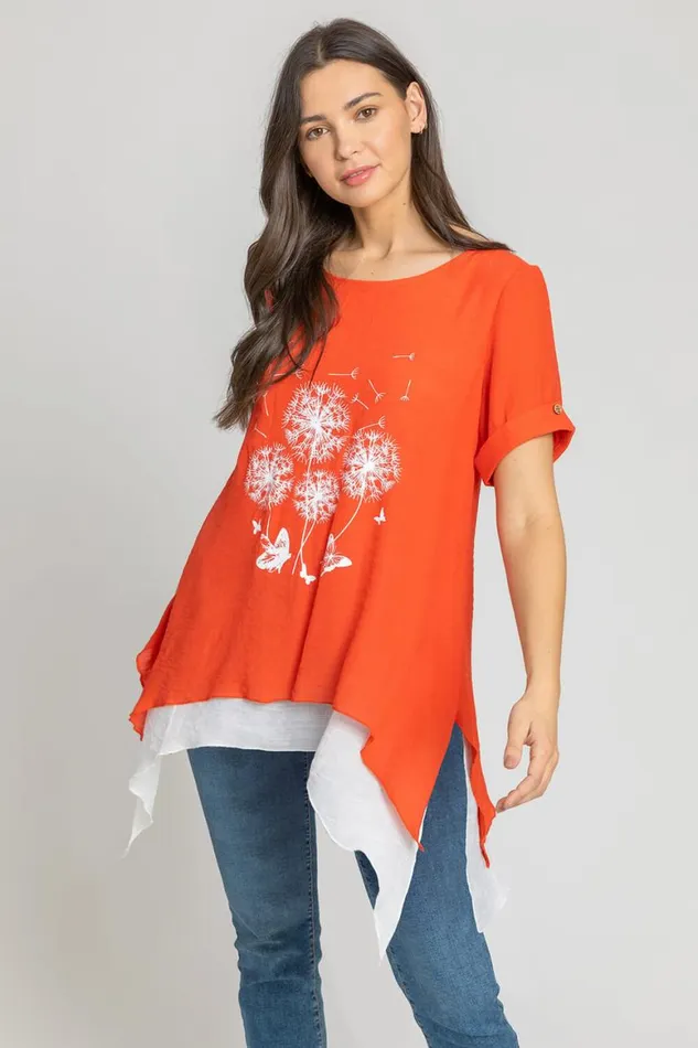 Women Dark Orange Dandelion Floral Hanky Hem Tunic Top Roman Tops