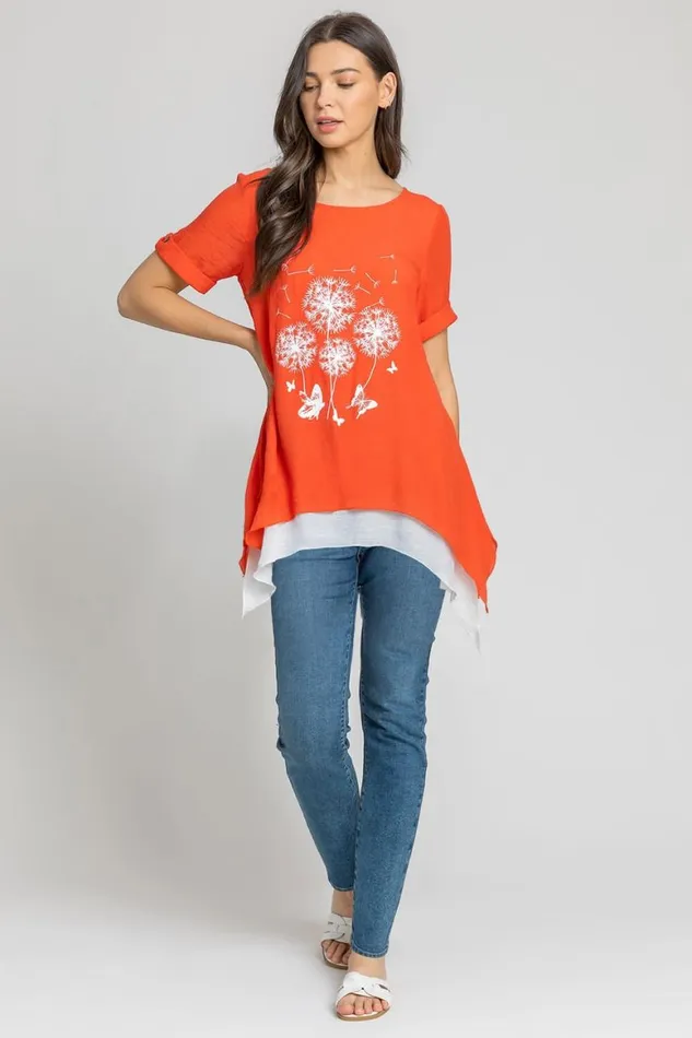 Women Dark Orange Dandelion Floral Hanky Hem Tunic Top Roman Tops
