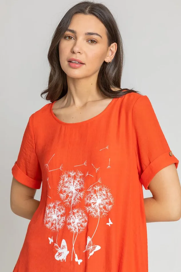 Women Dark Orange Dandelion Floral Hanky Hem Tunic Top Roman Tops