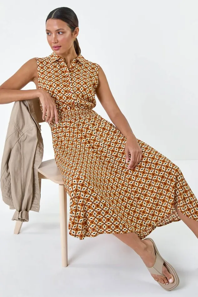 Women Dark Orange Geometric Hanky Hem Stretch Midi Dress Roman Dresses