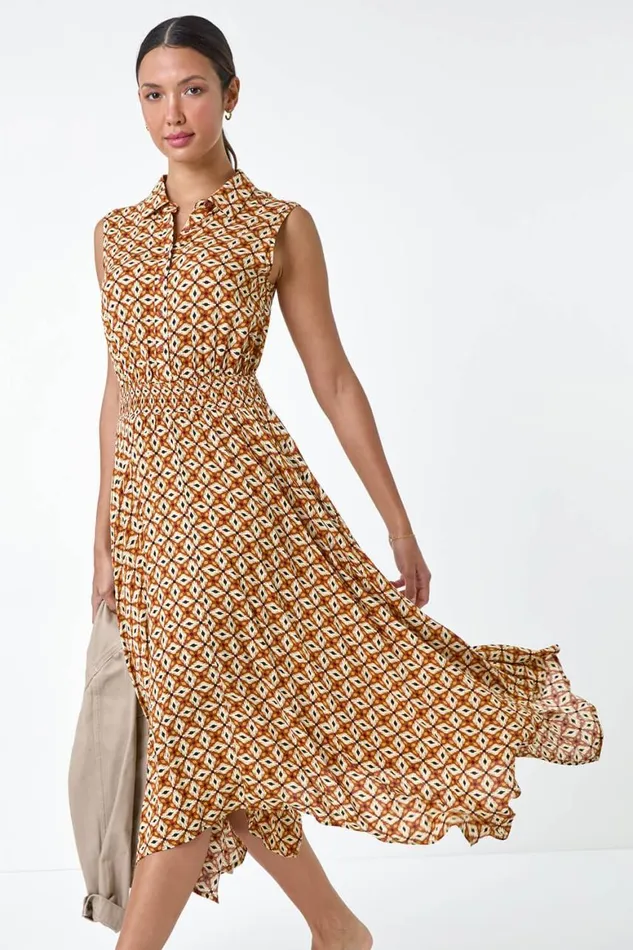 Women Dark Orange Geometric Hanky Hem Stretch Midi Dress Roman Dresses