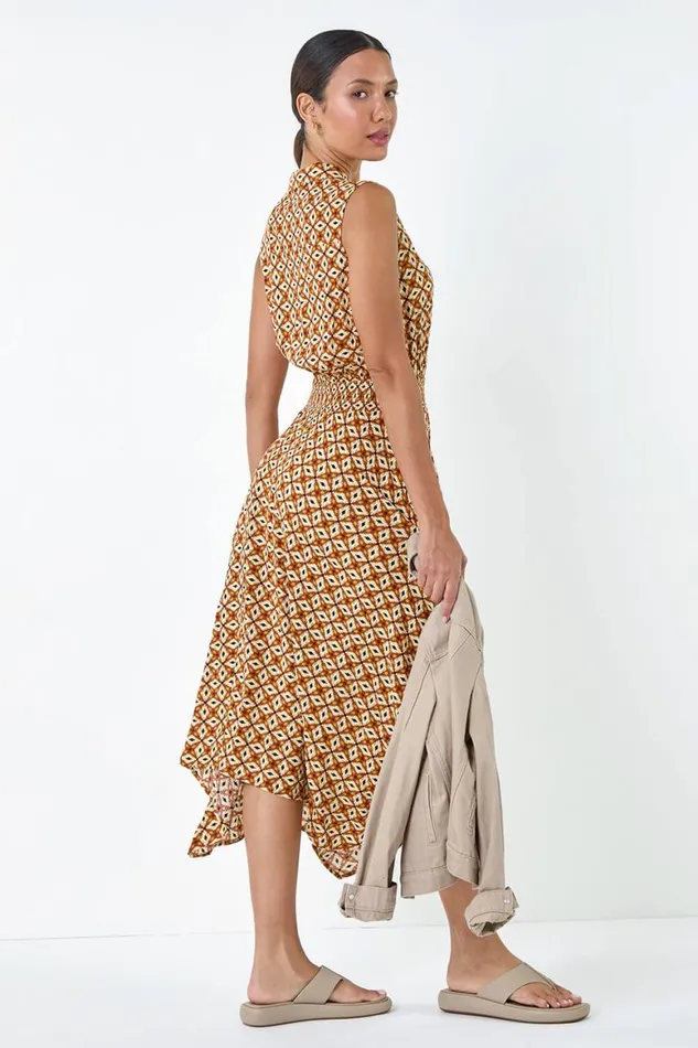Women Dark Orange Geometric Hanky Hem Stretch Midi Dress Roman Dresses