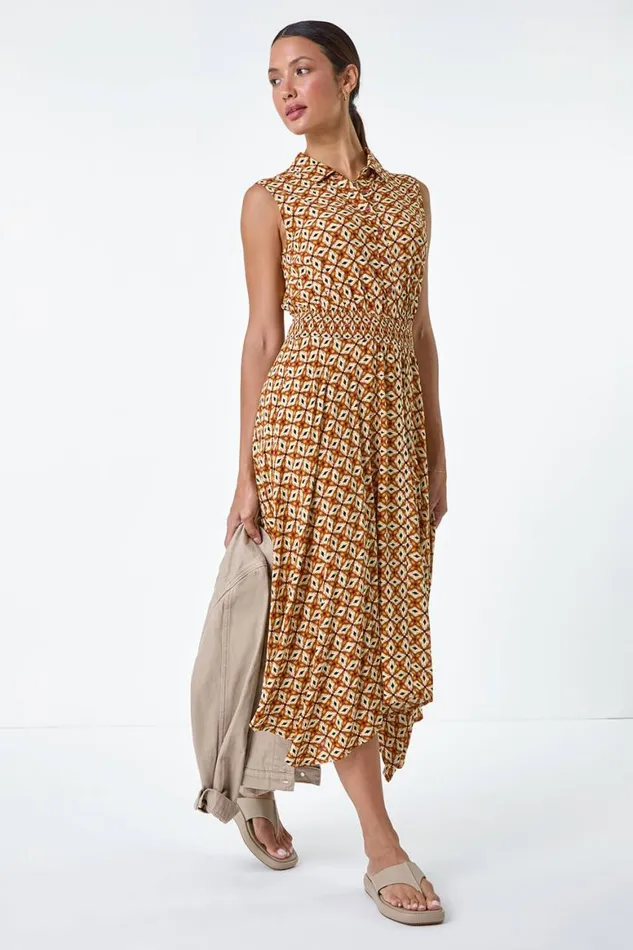 Women Dark Orange Geometric Hanky Hem Stretch Midi Dress Roman Dresses
