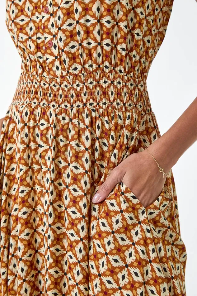 Women Dark Orange Geometric Hanky Hem Stretch Midi Dress Roman Dresses