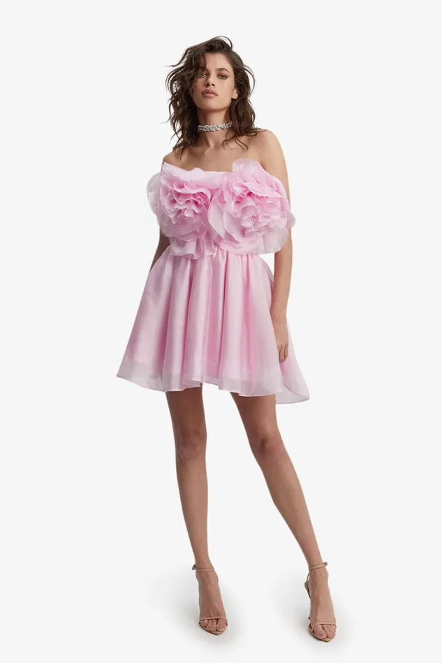 Women Day To Night Dresses Bardot Fleurette Flower Mini Dress In Lili Pink Lili Pink