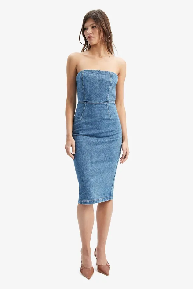 Women Day To Night Dresses Bardot Vanda Denim Midi Dress In Vintage Blue Vintage Blue