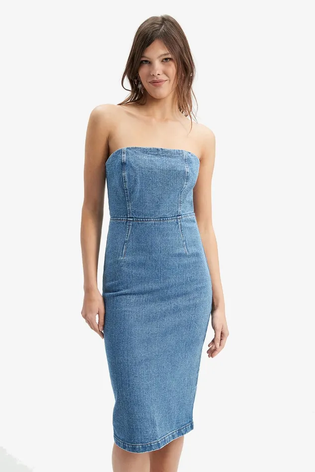 Women Day To Night Dresses Bardot Vanda Denim Midi Dress In Vintage Blue Vintage Blue Women Day To Night Dresses Bardot Vanda Denim Midi Dress In Vintage Blue Vintage Blue