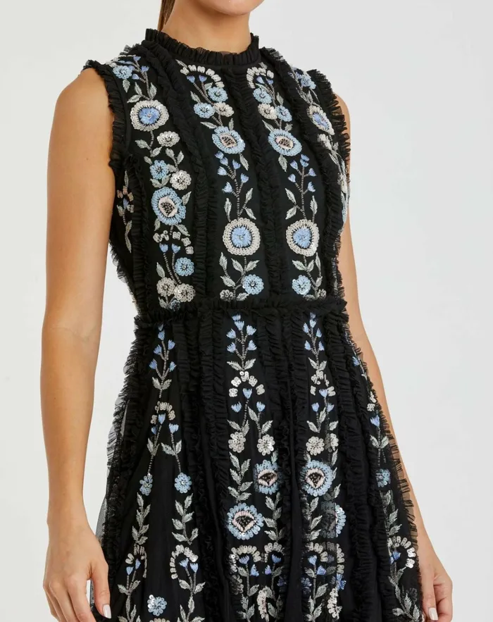 Women Daytime Dresses Mac Duggal Black Sleeveless High Neck Embroidered Mini Dress Black