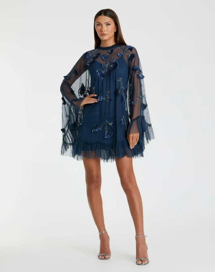 Women Daytime Dresses Mac Duggal Blue Embellished Long Flare Sleeve Mesh ALine Dress Twilight Women Daytime Dresses Mac Duggal Blue Embellished Long Flare Sleeve Mesh ALine Dress Twilight