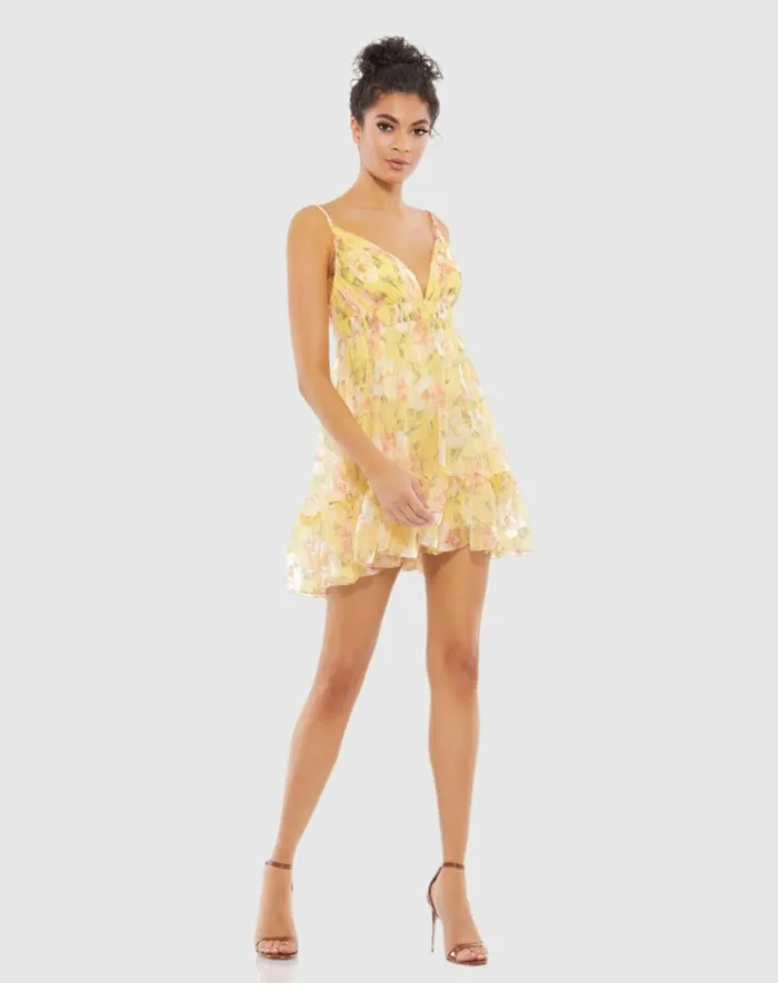 Women Daytime Dresses Mac Duggal Floral Empire Waist Ruffled Mini Dress Lemon