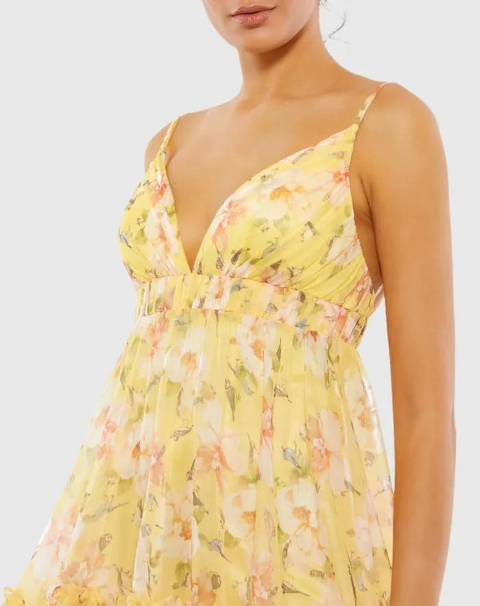 Women Daytime Dresses Mac Duggal Floral Empire Waist Ruffled Mini Dress Lemon