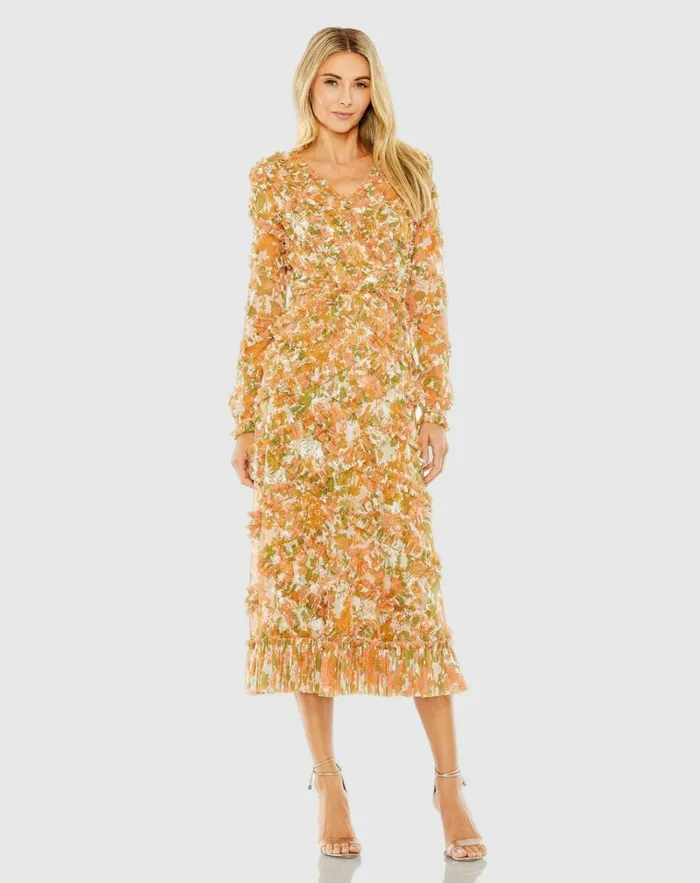 Women Daytime Dresses Mac Duggal Long Sleeve Low Back Floral V Neck Ruffle Dress Orange Multi Women Daytime Dresses Mac Duggal Long Sleeve Low Back Floral V Neck Ruffle Dress Orange Multi