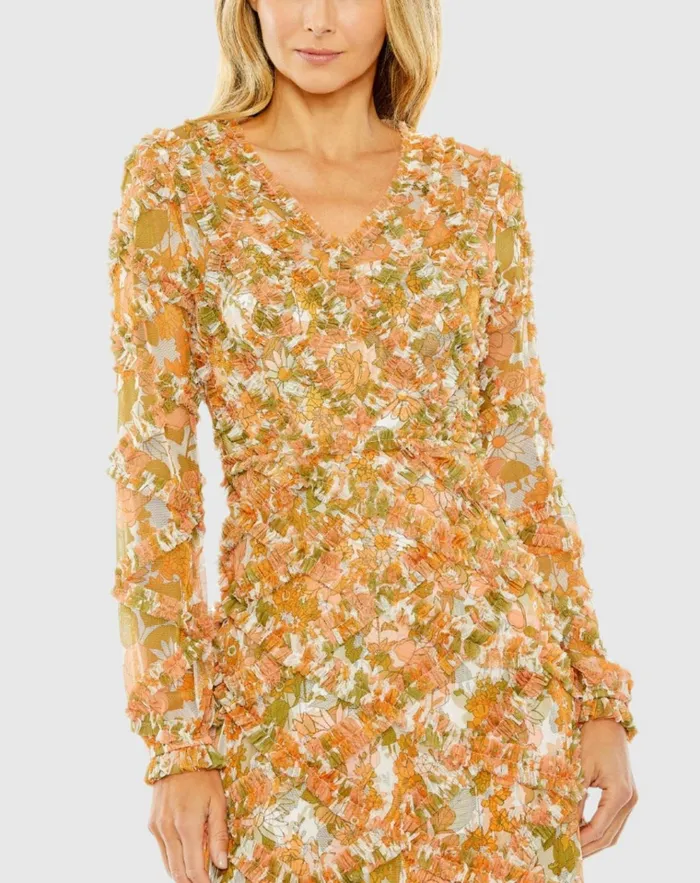 Women Daytime Dresses Mac Duggal Long Sleeve Low Back Floral V Neck Ruffle Dress Orange Multi