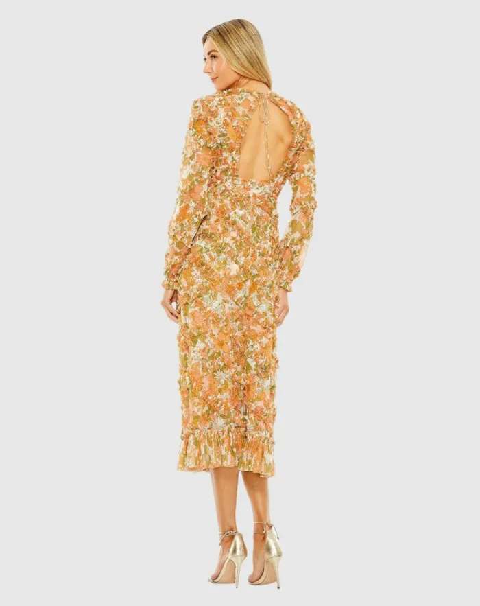 Women Daytime Dresses Mac Duggal Long Sleeve Low Back Floral V Neck Ruffle Dress Orange Multi