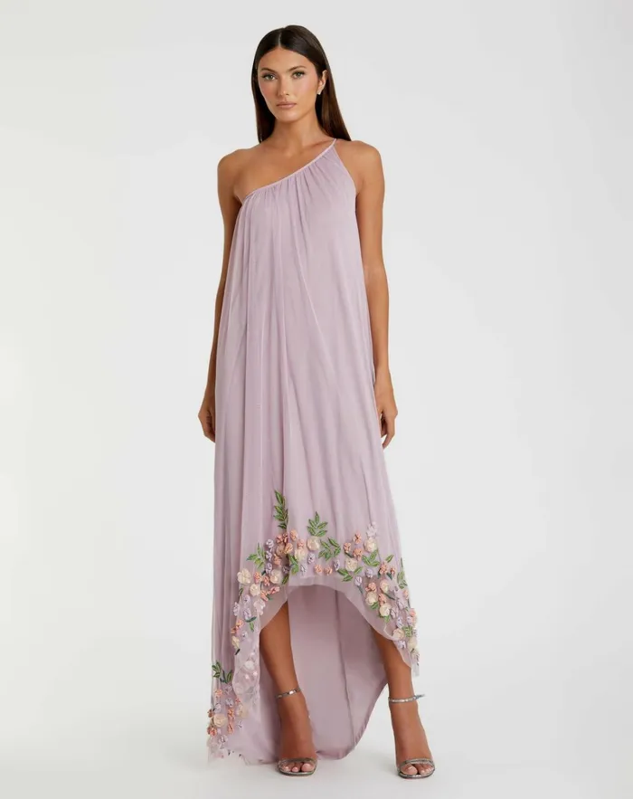 Women Daytime Dresses Mac Duggal One Shoulder Trapeze Embellished High Low Dress Orchid Multi