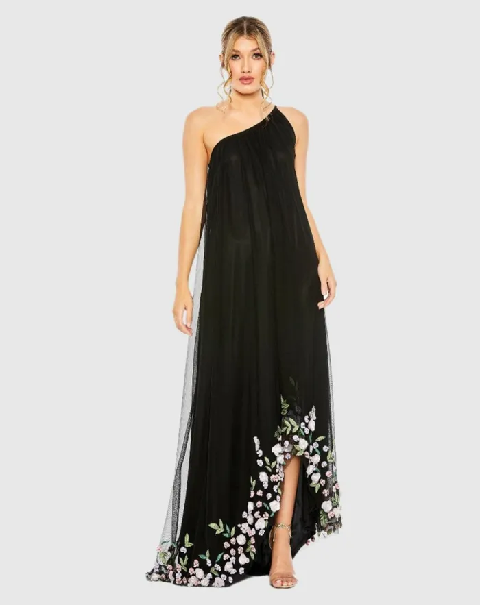 Women Daytime Dresses Mac Duggal One Shoulder Trapeze Embellished High Low Dress Orchid Multi