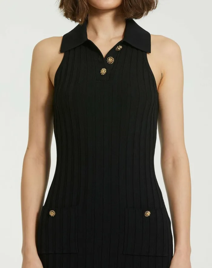 Women Daytime Dresses Mac Duggal Rib Knit Collared Sleeveless Fitted Maxi Dress 8211 FINAL SALE Black