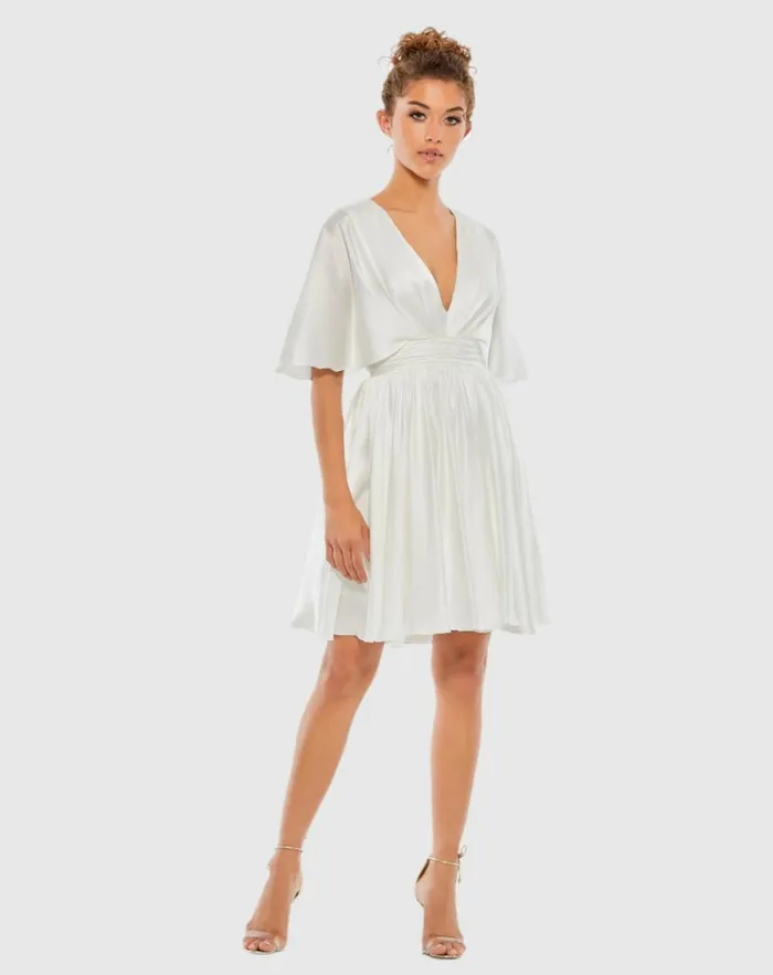 Women Daytime Dresses Mac Duggal White Satin Flowy Cape Sleeve Mini Dress 8211 FINAL SALE White Women Daytime Dresses Mac Duggal White Satin Flowy Cape Sleeve Mini Dress 8211 FINAL SALE White