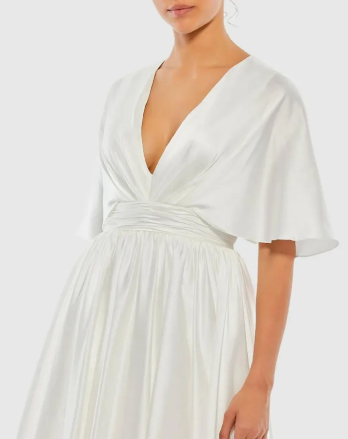 Women Daytime Dresses Mac Duggal White Satin Flowy Cape Sleeve Mini Dress 8211 FINAL SALE White