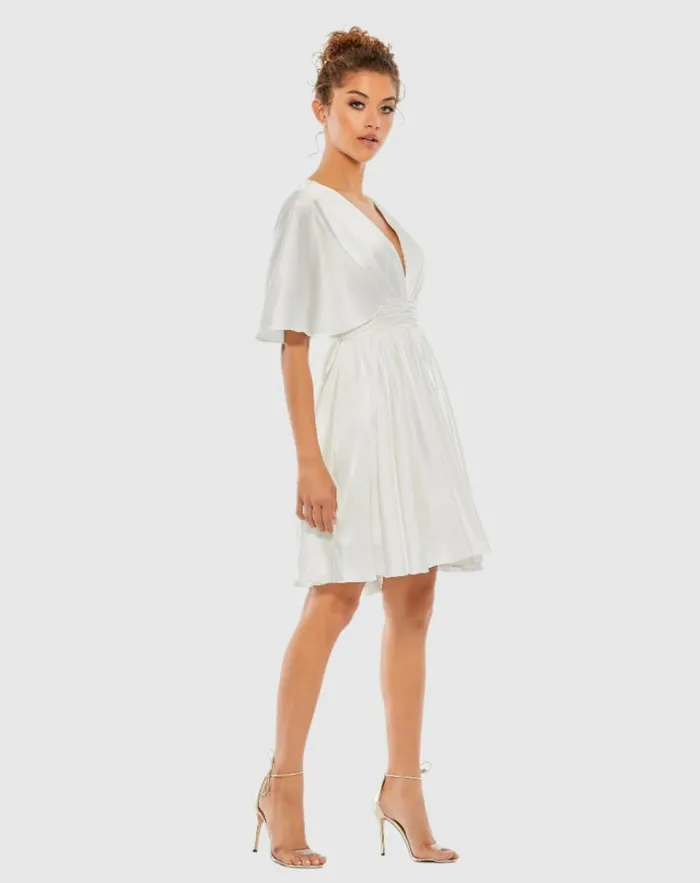 Women Daytime Dresses Mac Duggal White Satin Flowy Cape Sleeve Mini Dress 8211 FINAL SALE White