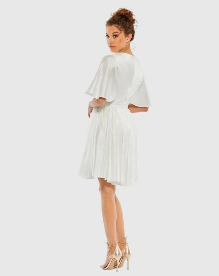 Women Daytime Dresses Mac Duggal White Satin Flowy Cape Sleeve Mini Dress 8211 FINAL SALE White