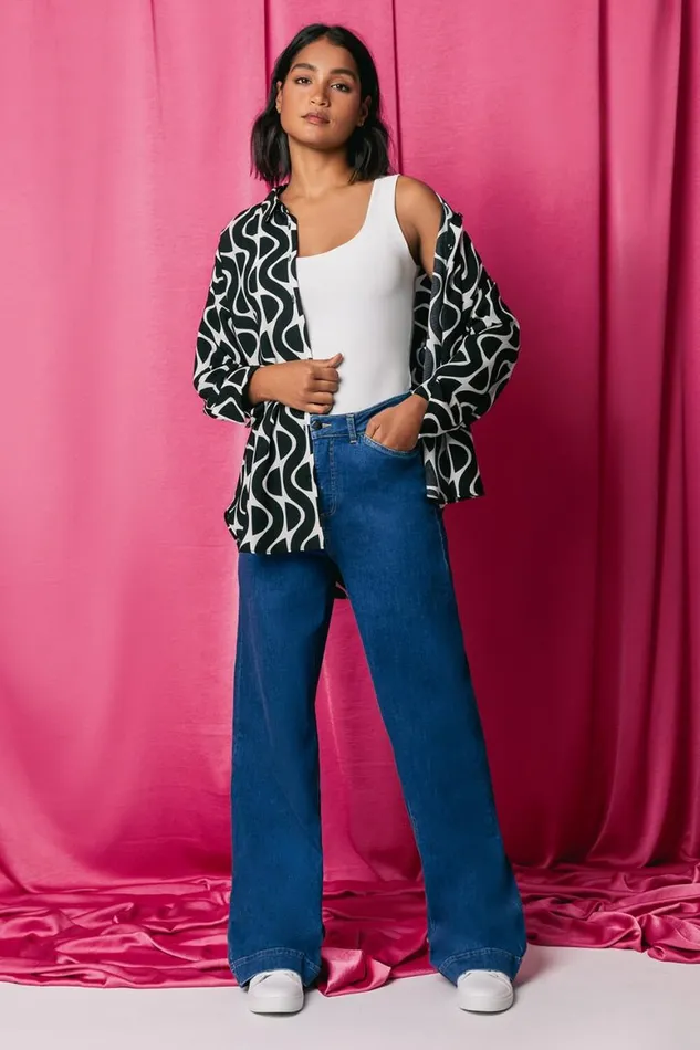Women Denim Cotton Blend Wide Leg Stretch Jeans Roman Trousers