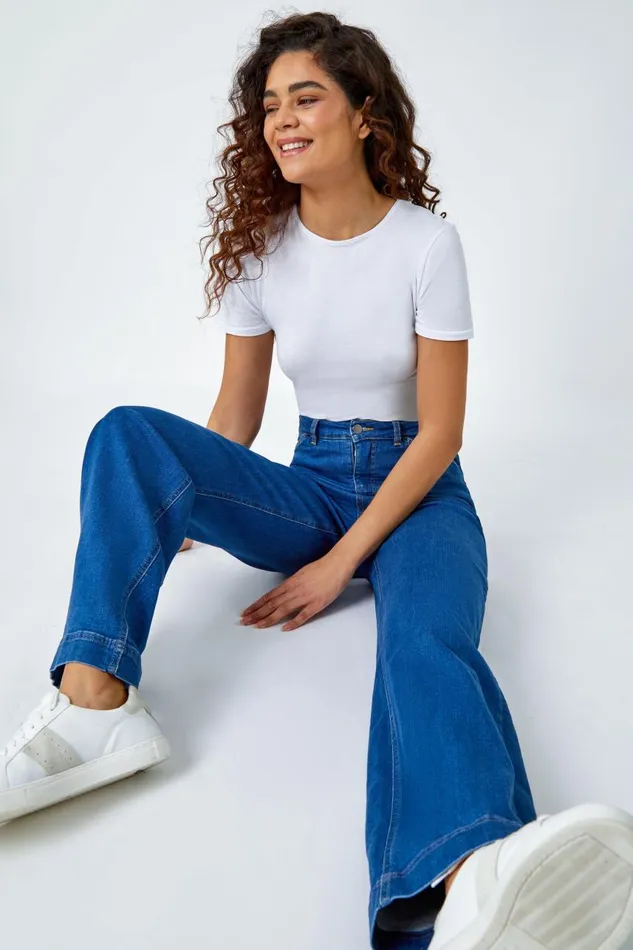 Women Denim Cotton Blend Wide Leg Stretch Jeans Roman Trousers