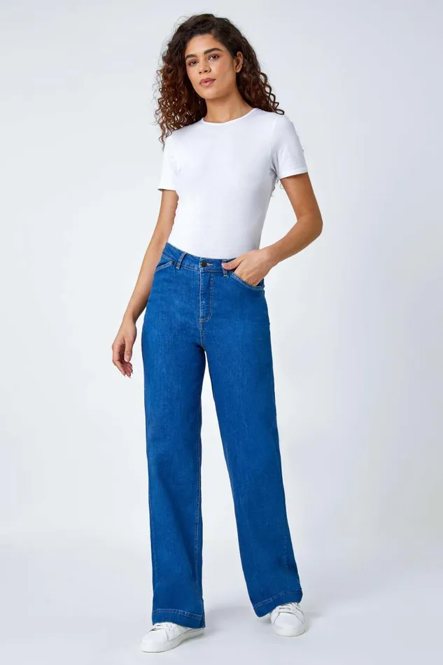 Women Denim Cotton Blend Wide Leg Stretch Jeans Roman Trousers