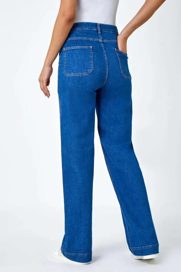 Women Denim Cotton Blend Wide Leg Stretch Jeans Roman Trousers