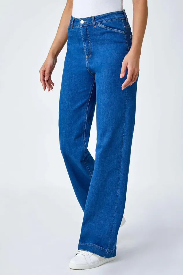 Women Denim Cotton Blend Wide Leg Stretch Jeans Roman Trousers