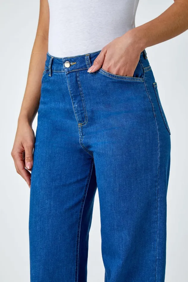 Women Denim Cotton Blend Wide Leg Stretch Jeans Roman Trousers