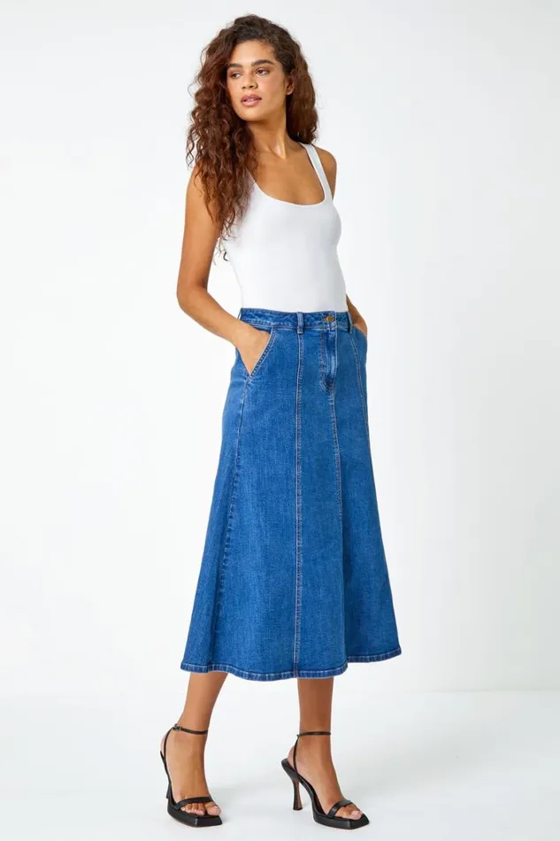 Women Denim Cotton Denim Panelled Midi Skirt Roman Skirts