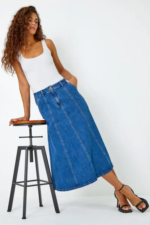 Women Denim Cotton Denim Panelled Midi Skirt Roman Skirts