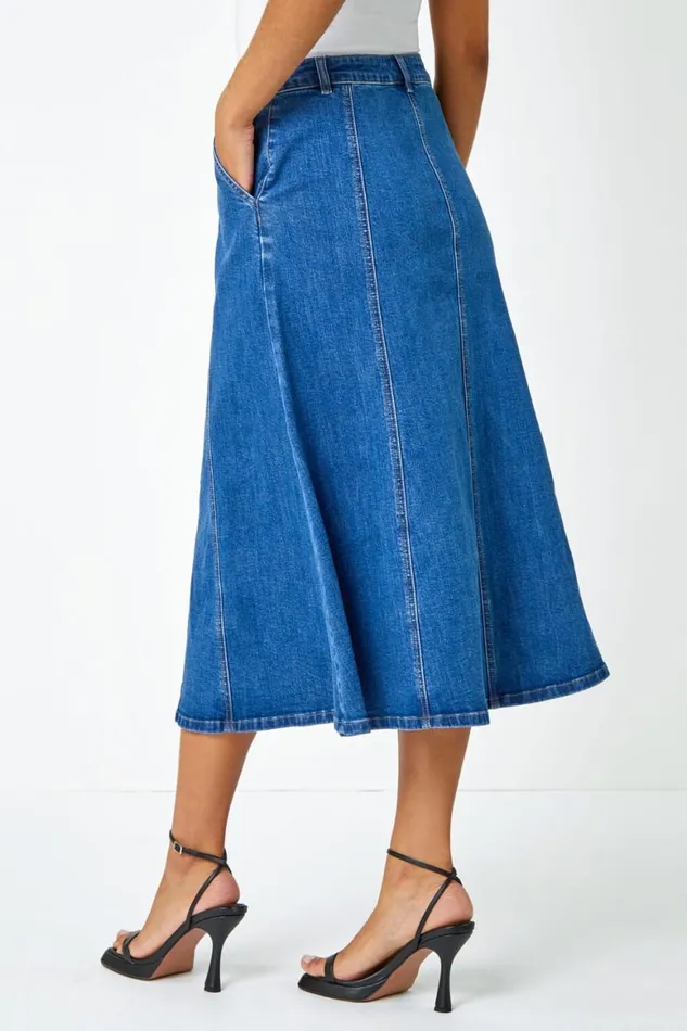 Women Denim Cotton Denim Panelled Midi Skirt Roman Skirts