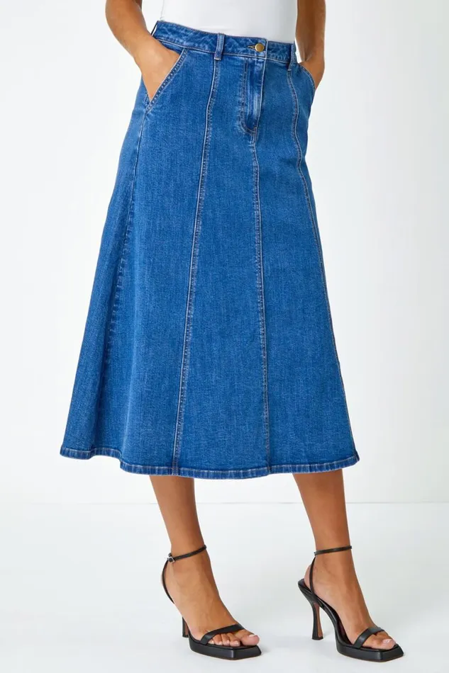 Women Denim Cotton Denim Panelled Midi Skirt Roman Skirts